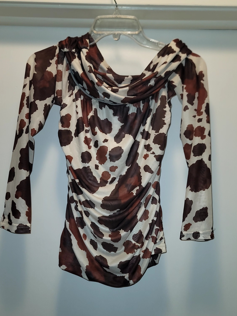 Hausen Miranda Top Brown and Cream Cow Print Drape Neck M